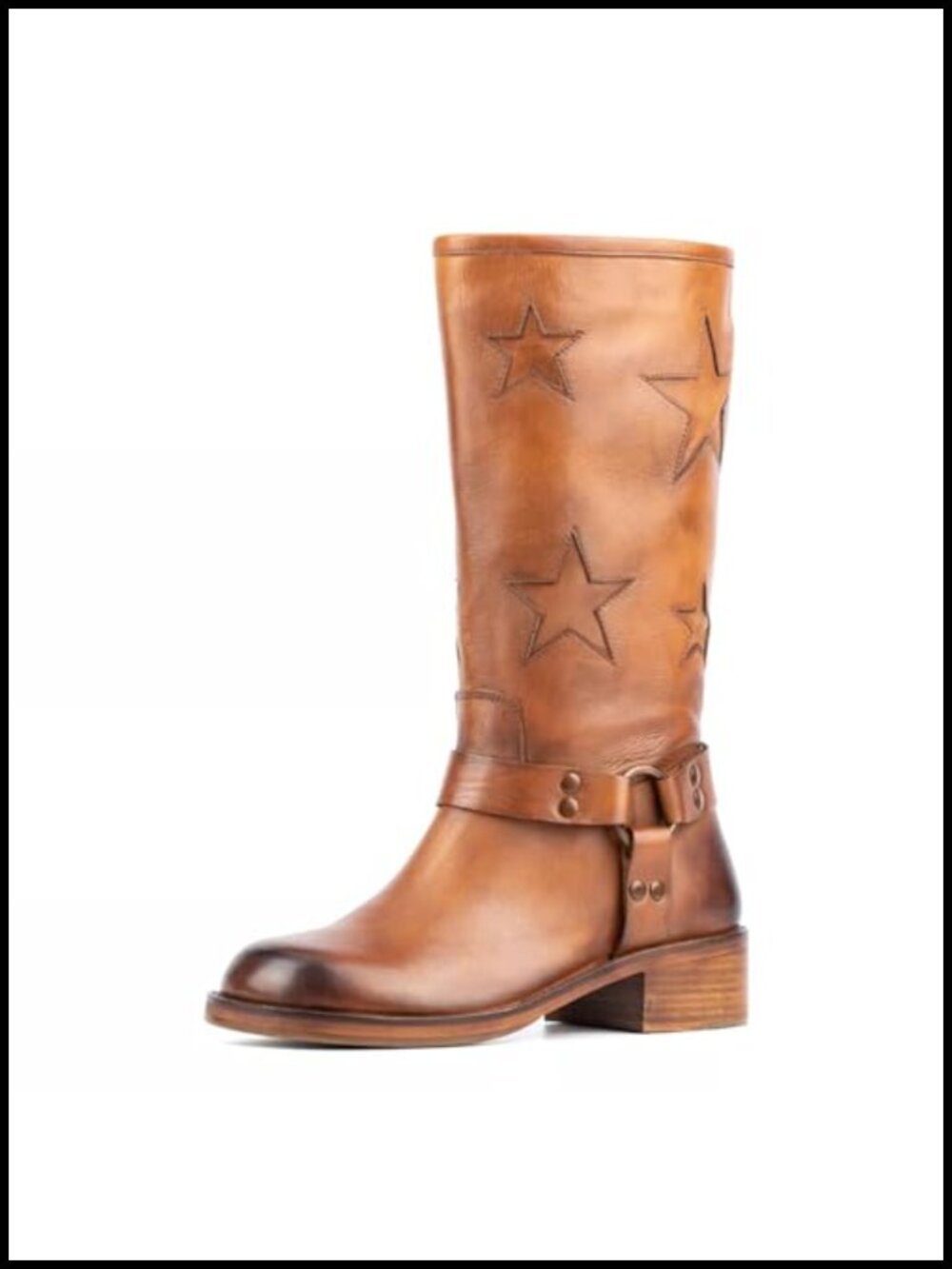 Women's Buckle Biker Mid Calf Boots Square Toe Chunky Heel Moto Riding